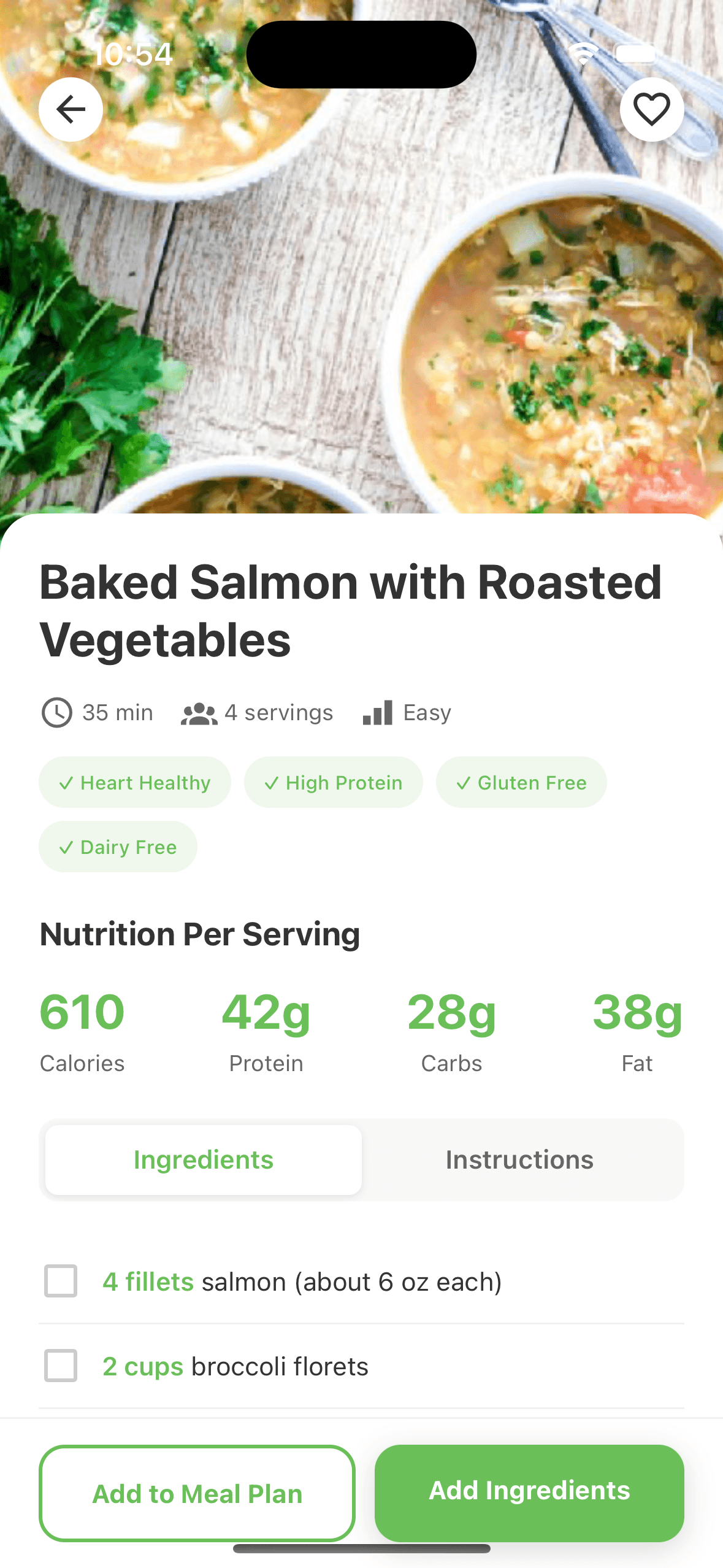 Recipe screen showing Baked Salmon with nutrition per serving and options to add ingredients to the grocery list or meal plan.