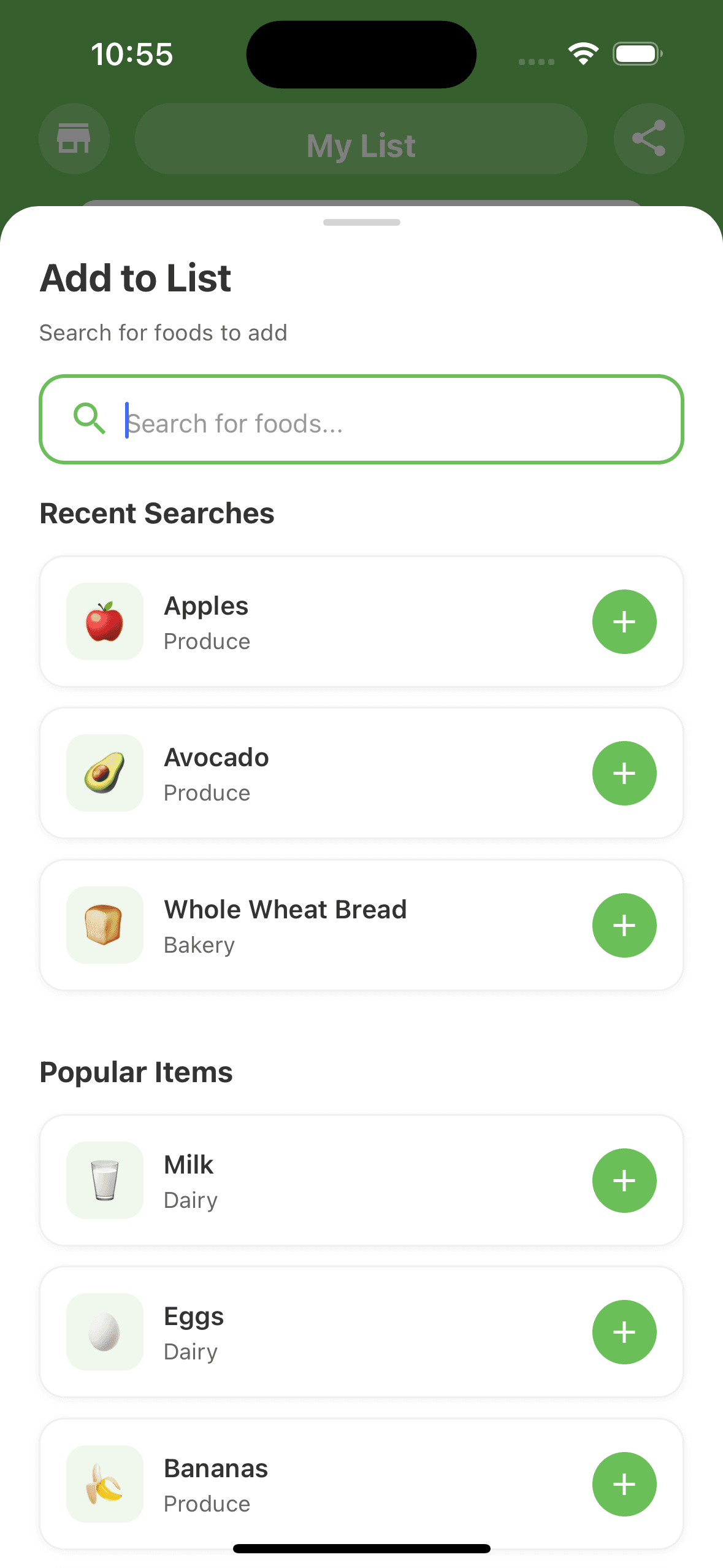 Add-to-list screen showing a search bar, recent searches like Apples and Avocado, and buttons to quickly add items.