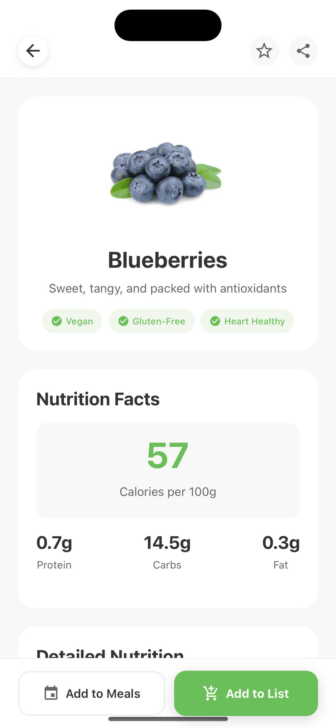 Food details screen displaying nutrition facts for Blueberries, including calories per 100 grams and dietary tags such as Vegan and Heart Healthy.