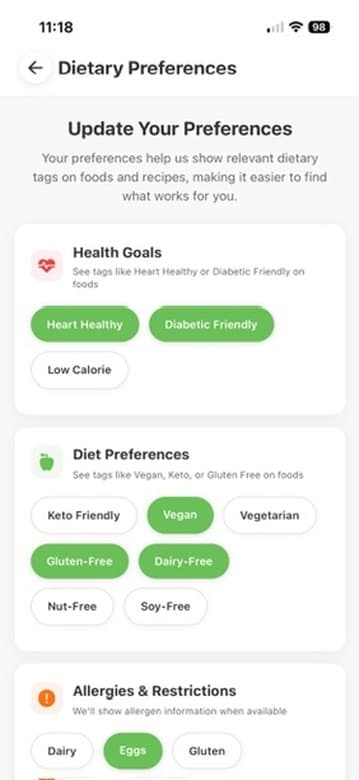Grocery Savvy dietary preferences screen