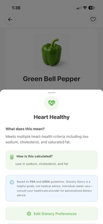 Grocery Savvy food details screen for Green Bell Pepper showing Heart Healthy dietary tags selected.