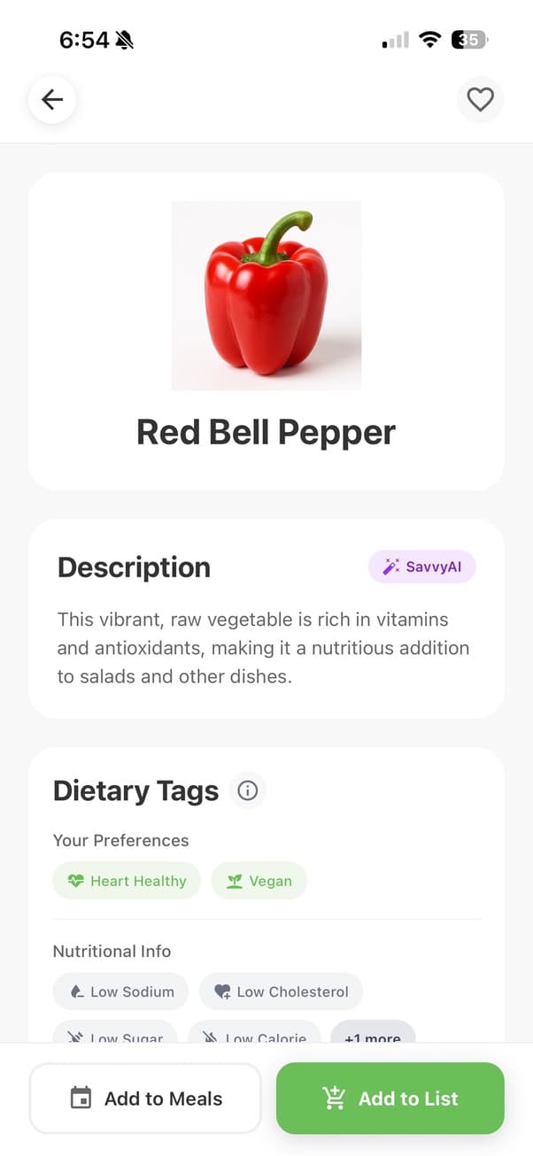 Grocery Savvy food details screen showing nutrition facts and dietary tags