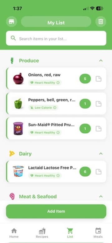 Grocery Savvy lists screen showing several food items added to a grocery list.