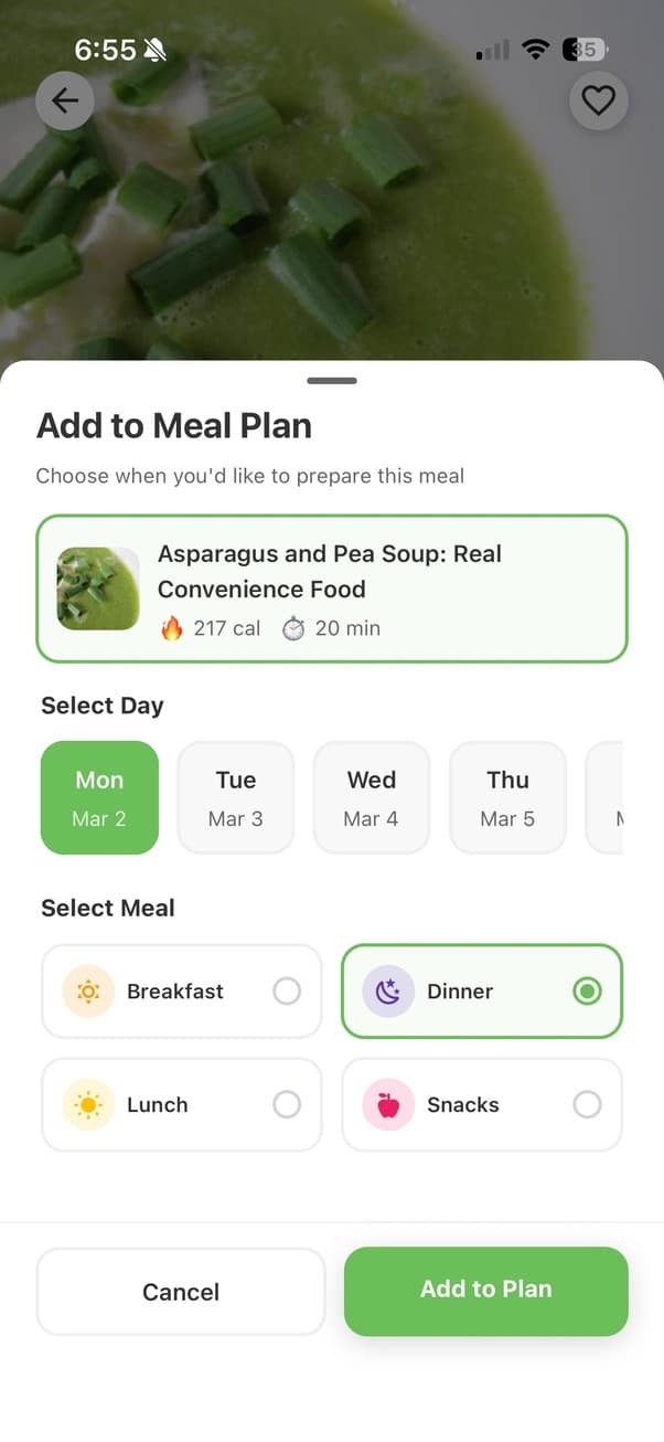 Grocery Savvy meal planning screen