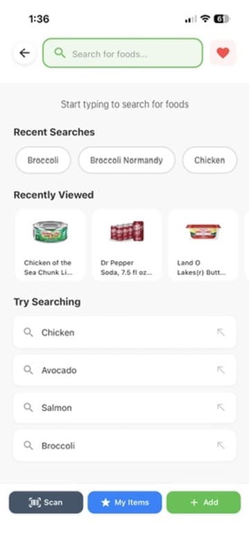 Grocery Savvy add-to-list screen showing a search bar and recent searches for grocery products.